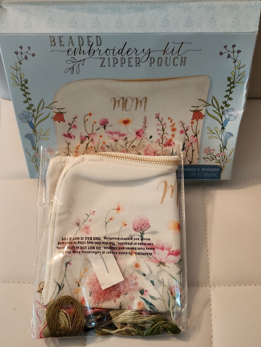 Meri Meri Floral Embroidery Zipper Pouch in Cream, Pink & Green